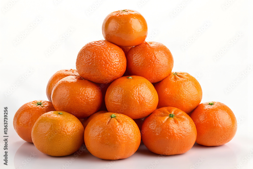 Fresh oranges, stacked pyramid, vibrant citrus, textured peel, bright orange color, white background Fresh oranges, stacked pyramid, vibrant citrus, textured peel, bright orange color, white background