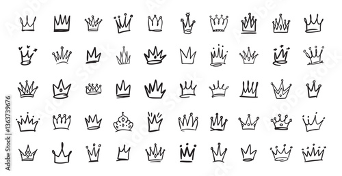 Hand drawn Crown vector set. Doodle collection. Drawing crowns. Royal head, Queen crown, King crown, various design.