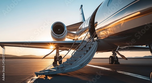 Private jet at sunrise.  Spacious, luxurious, and modern private aircraft on tarmac, ready for departure.  Exterior view of a gleaming jet with open staircase.