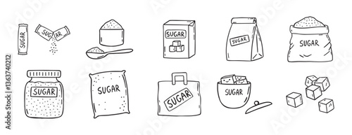 sugar doodle hand drawn icon set. Outline drawing sugar packaging, sugar cubes line clipart symbol collection