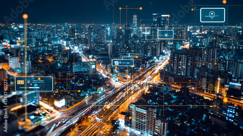 Wallpaper Mural Aerial Night City View With Illuminated Buildings And Digital Overlay Showing Network Connections And Data Visualization Torontodigital.ca