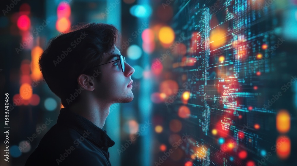 Pensive young data analyst absorbed in complex digital data interface display Pensive young data analyst absorbed in complex digital data interface display