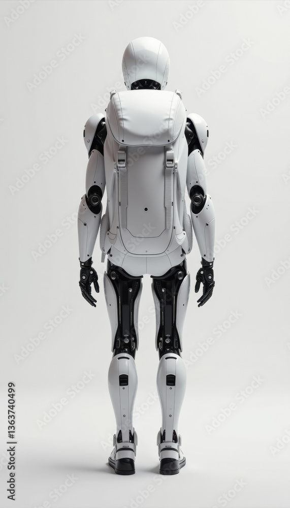 modern cyborg robot rescuer with big white hard backpack on his back on white background, rear view modern cyborg robot rescuer with big white hard backpack on his back on white background, rear view