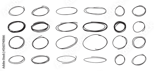 Highlight oval circle hand drawn doodle frames. Free pencil round lines. Round brush mark.