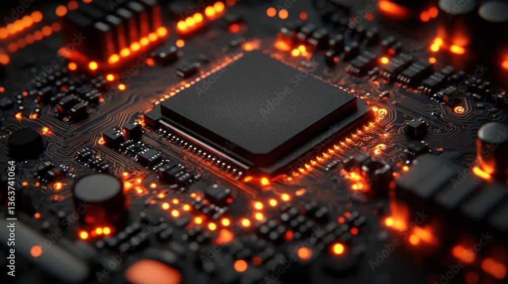 Illuminated Circuit Board: A Close-Up View of a Microchip's Complex Architecture Illuminated Circuit Board: A Close-Up View of a Microchip's Complex Architecture