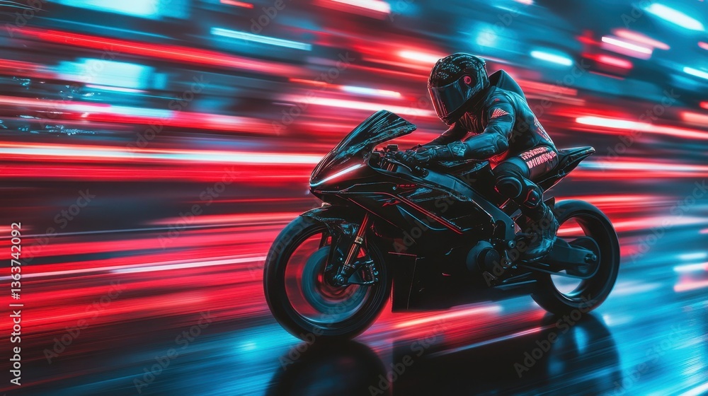 Fototapeta premium Motorcyclist speeds through neon-lit city streets at night showcasing thrill and freedom of urban riding