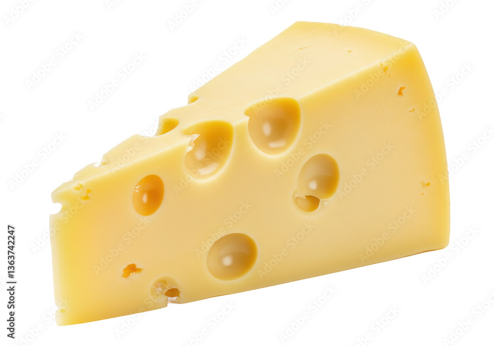 Swiss cheese wedge with large holes on transparent background for culinary and dairy themes Swiss cheese wedge with large holes on transparent background for culinary and dairy themes