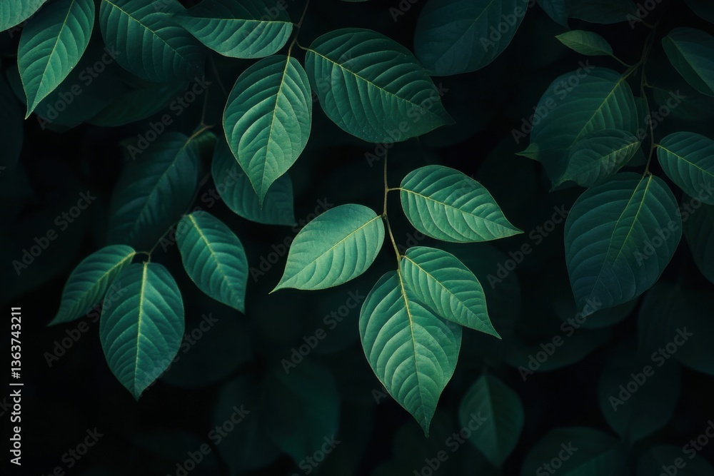 Fototapeta premium Textured leaf background, close-up, top view, in a dark green tone