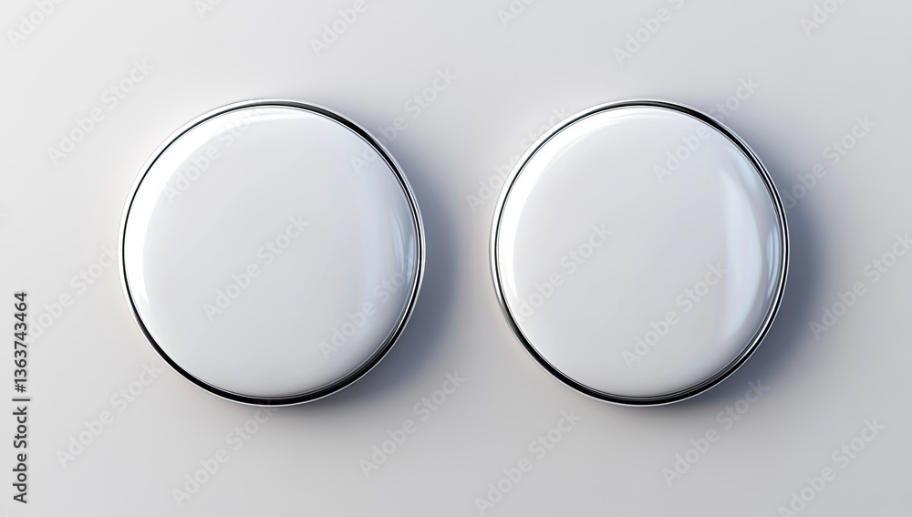 Two blank white buttons with silver rims Two blank white buttons with silver rims