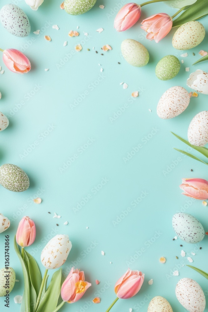 Easter background with tulips and eggs, flat lay on a pastel green color
Easter background with tulips and eggs, flat lay on a pastel green color