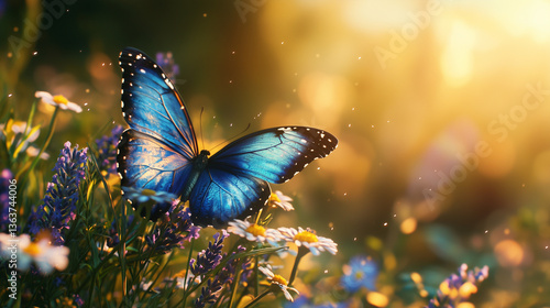 Wallpaper Mural Papillon bleu iridescent sur fleur sauvage au soleil printanier Torontodigital.ca
