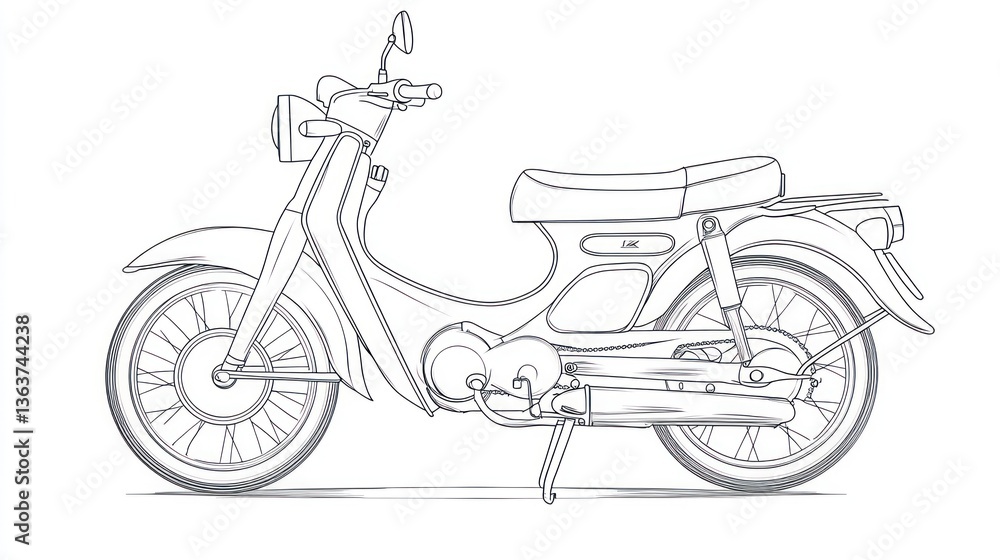 Fototapeta premium Classic scooter side profile illustration, vintage design, transportation, white background, design element