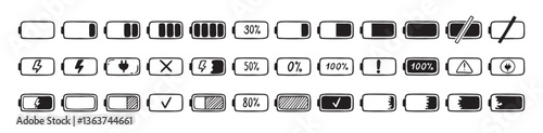 Mobile battery doodle Hand drawn set. Collection pen ink pencil drawing sketches connection indicator isolated. low or high energy charge