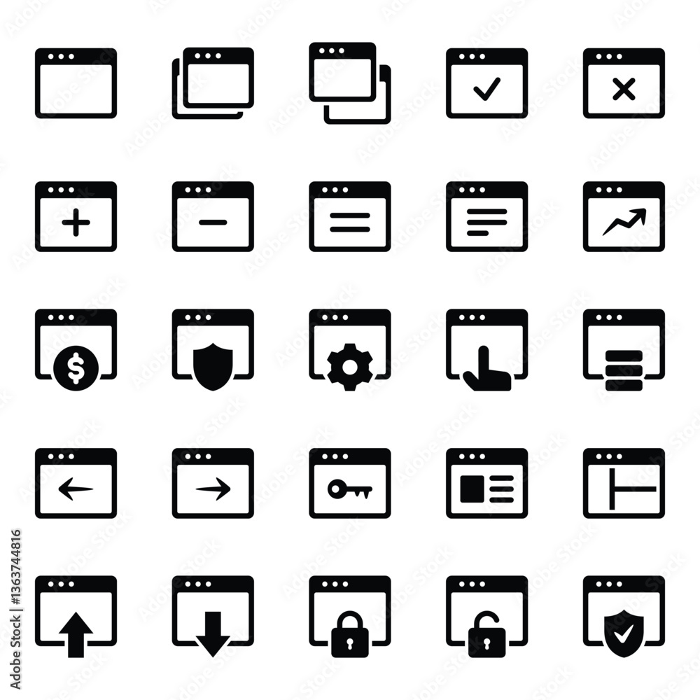 Glyph icons set for Webpages, websites, browser, window. Glyph icons set for Webpages, websites, browser, window.