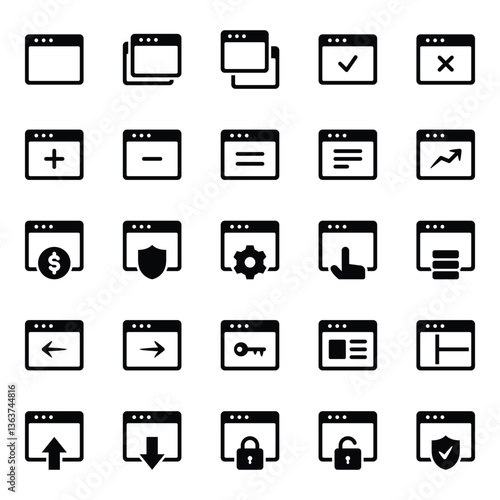 Glyph icons set for Webpages, websites, browser, window.