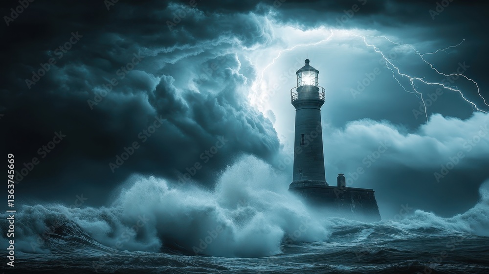Majestic lighthouse standing strong against turbulent waves and stormy skies during a lightning storm at night Majestic lighthouse standing strong against turbulent waves and stormy skies during a lightning storm at night