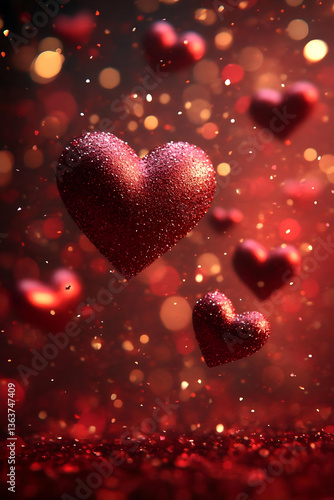 Glittering red hearts floating in a dreamy background with bokeh lights, perfect for romantic themes