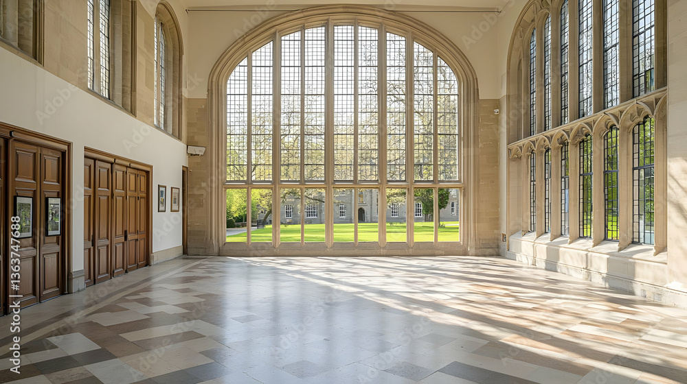 Fototapeta premium Spacious Hall Interior With Large Arched Windows Overlooking Green Landscape with Bright Sunlight and Geometric Pattern Floor