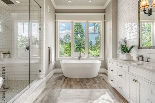 A spacious luxury bathroom with high-end finishes, deep soaking tub by a large window with a view of nature, polished wood floors, chrome fixtures, and an elegant rain shower, accented