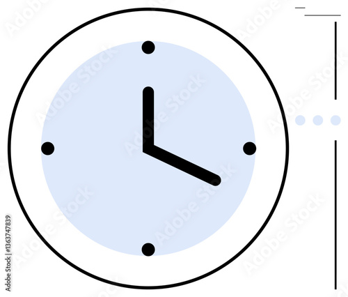 Classic round clock with black hour and minute hands and four dot hour markers. Ideal for punctuality, time management, productivity, schedule, focus, timelessness, modern decor. Flat simple metaphor