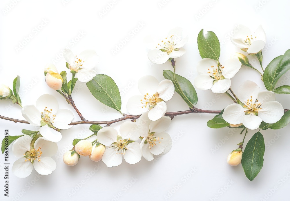 Fototapeta premium Elegant White Flower Branch with Fresh Green Leaves and Buds on Minimalistic Background, Perfect for Floral Decor and Nature Inspired Designs