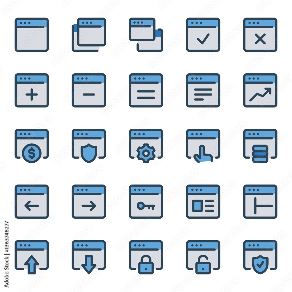 Filled blue outline icons set for Webpages, websites, browser, window. Filled blue outline icons set for Webpages, websites, browser, window.
