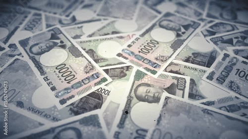 大量の日本のイミテーション紙幣の上をゆっくり横へ移動（フィルムダメージ効果付き）