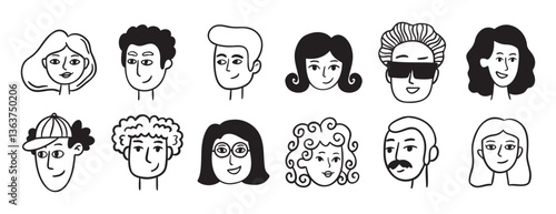 people avatars for social media, website doodle hand drawn icon set. Outline drawing trendy portraits girls and guys line clipart symbol collection. 