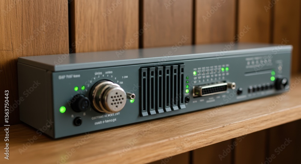 Fototapeta premium Professional audio equipment on wood shelf, sound mixer for recording studio. Electronic device to edit voice on radio, modern technology instrument for sound design.