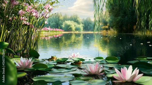 Wallpaper Mural Étang printanier paisible avec nénuphars et nature luxuriante Torontodigital.ca