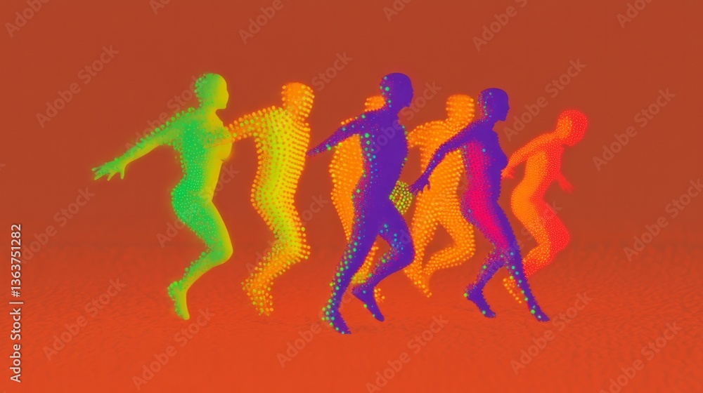 Colorful figures assembled with particles move and jump in unison Colorful figures assembled with particles move and jump in unison