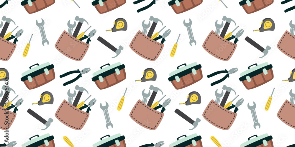 Obraz premium Cartoon seamless pattern with home repair tool. Hammer, pliers, wrench, screwdriver and measuring tape. Father's Day background for printing on fabric and paper. Vector design for textile, wallpaper. 