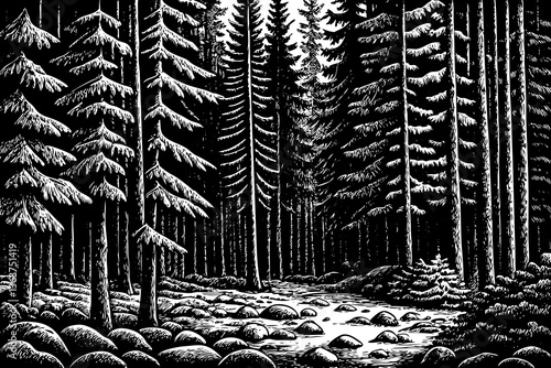 wilderness landscape forest black and white with pine trees and rocks hand drawn sketch outline