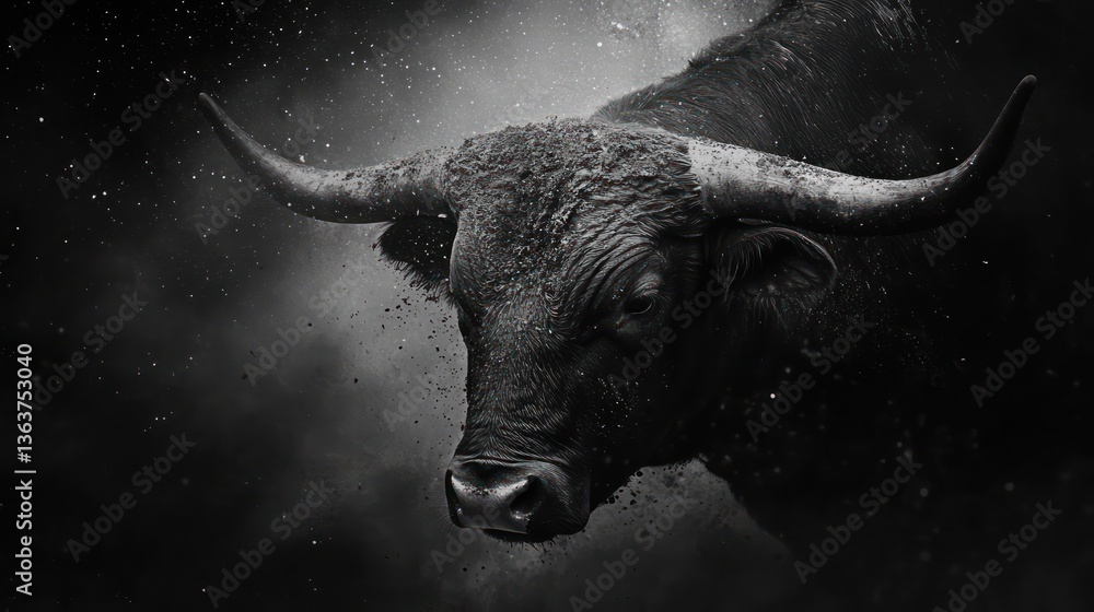 Naklejka premium Powerful bull portrait, dark background, dust, strength