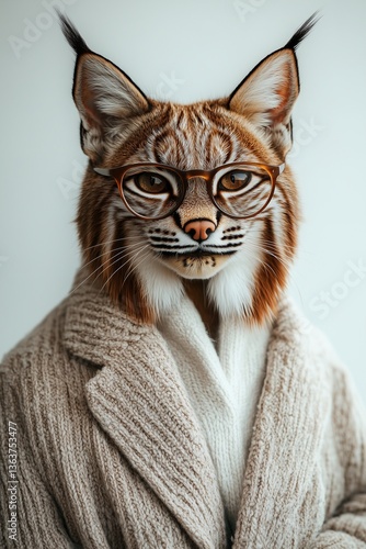 Sleek Lynx in a Soft Suit and Minimalist Glasses on a Bright White Background