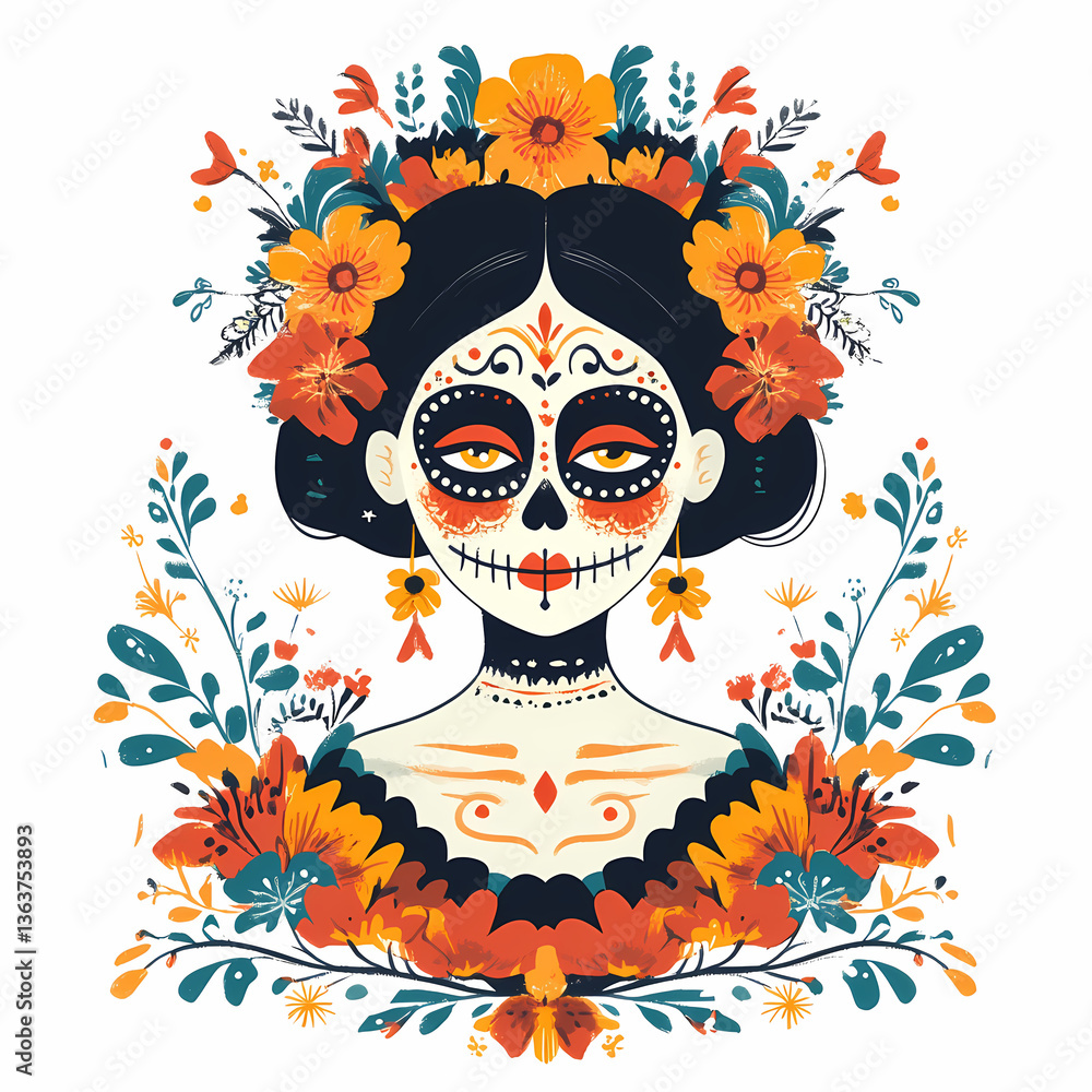 The Graceful Spirit of Day of the Dead: A vibrant portrayal of a beautifully adorned Catrina, embodying the spirit of Día de Muertos, framed by an exquisite array of floral embellishments. The Graceful Spirit of Day of the Dead: A vibrant portrayal of a beautifully adorned Catrina, embodying the spirit of Día de Muertos, framed by an exquisite array of floral embellishments.