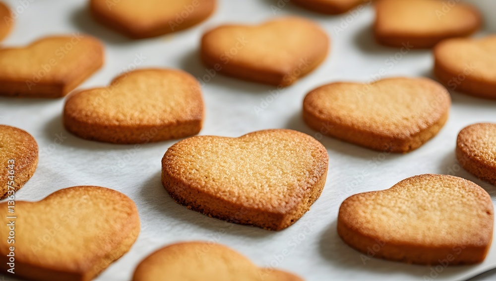 Heart-shaped cookies lay beautifully arranged on parchment paper, showcasing a delightful baking moment in a cozy kitchen Heart-shaped cookies lay beautifully arranged on parchment paper, showcasing a delightful baking moment in a cozy kitchen