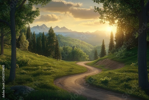 Fototapeta Naklejka Na Ścianę i Meble -  Serene mountain path at sunset. Lush greenery, winding dirt road leads into a valley framed by majestic mountains bathed in golden sunlight