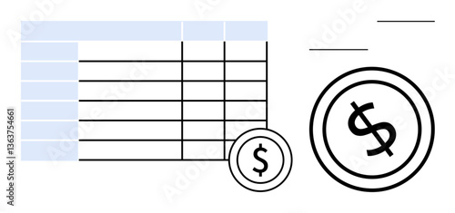 Table with columns and rows showing calculations next to dollar coin graphics emphasizing financial planning. Ideal for accounting, investment, income tracking, budgeting, business strategy