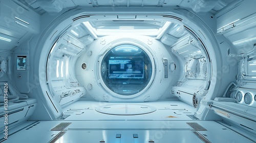 Fototapeta Naklejka Na Ścianę i Meble -  Futuristic interior showcasing a white spacecraft with advanced technological displays
