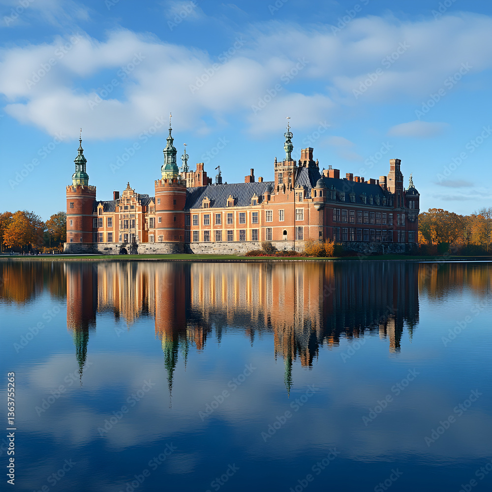 Majestic Castle Reflection Autumnal Palace on Calm Lake Majestic Castle Reflection Autumnal Palace on Calm Lake