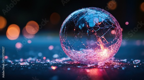 Shattered Sphere: A Nighttime Symphony of Light and Broken Glass