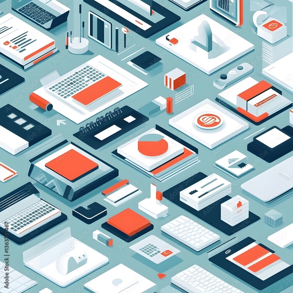 Isometric Workspace with Various Digital Devices and Accessories Isometric Workspace with Various Digital Devices and Accessories