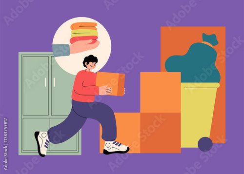 A young man declutters by organizing boxes and deciding what to donate or discard