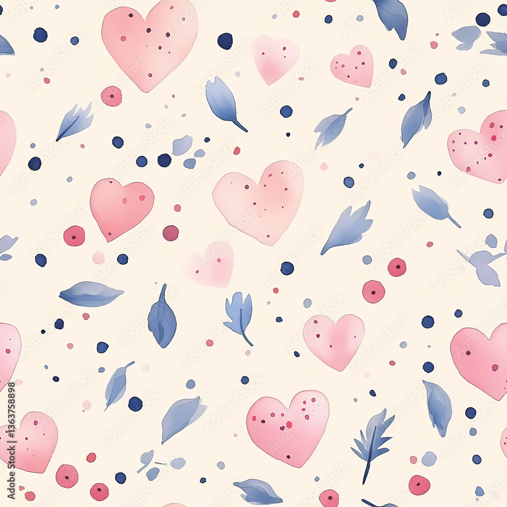 Hearts and Blooms Pattern: Delicate pink hearts, interspersed with watercolor leaves and playful polka dots, create a seamless and charming pattern perfect for expressing love and affection. Hearts and Blooms Pattern: Delicate pink hearts, interspersed with watercolor leaves and playful polka dots, create a seamless and charming pattern perfect for expressing love and affection.