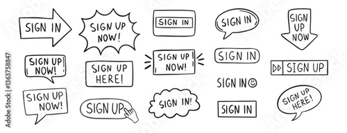 sign up text icon. Sign in doodle hand drawn icon set. Outline drawing line clipart symbol