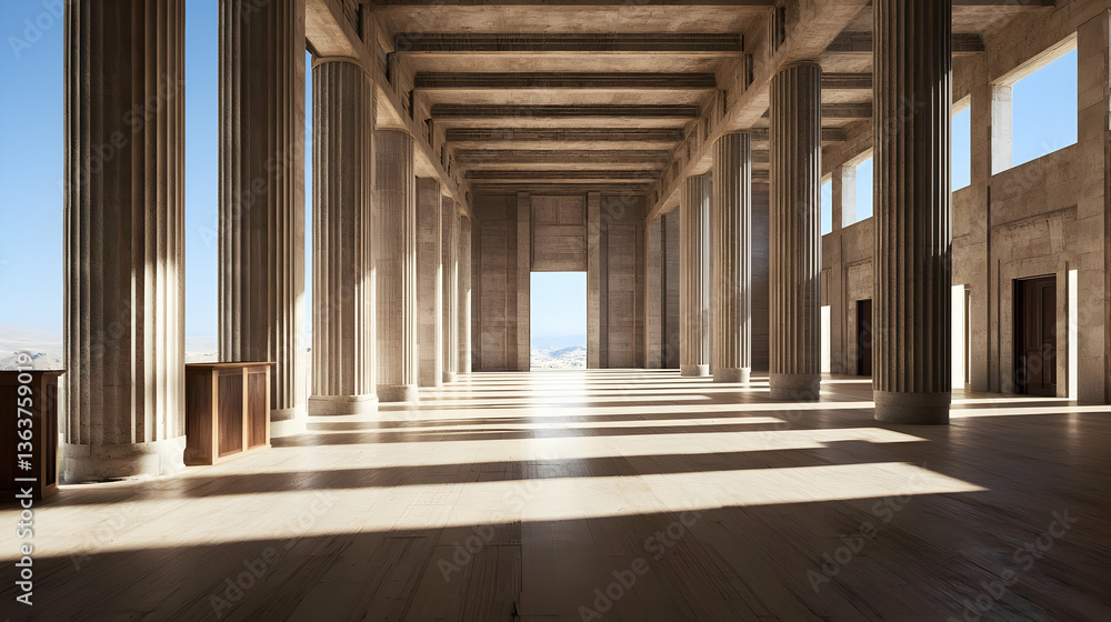 Fototapeta premium Large Classical Hall Interior With Columns Sunlight And Shadows Creating A Dramatic Perspective In The Stone Building