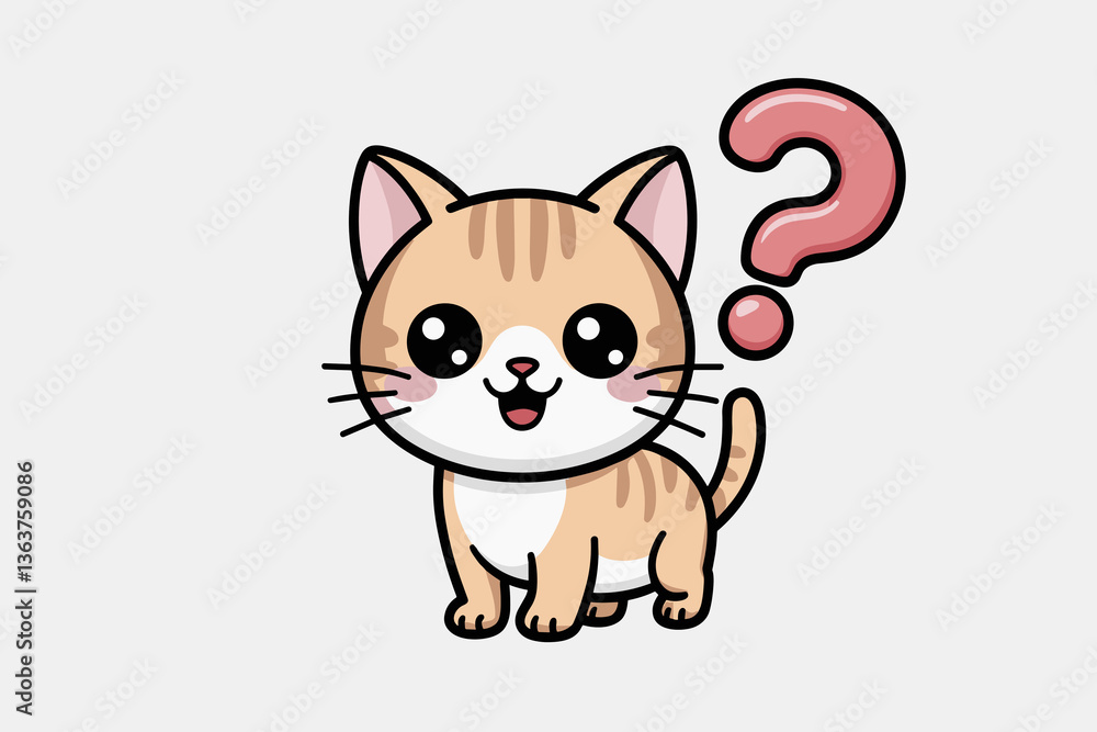 Curious Cartoon Cat with Question Mark against light gray background Curious Cartoon Cat with Question Mark against light gray background