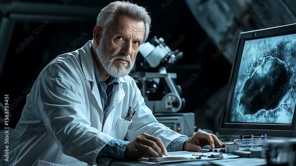 Senior scientist working in lab, analyzing data. Senior scientist working in lab, analyzing data.