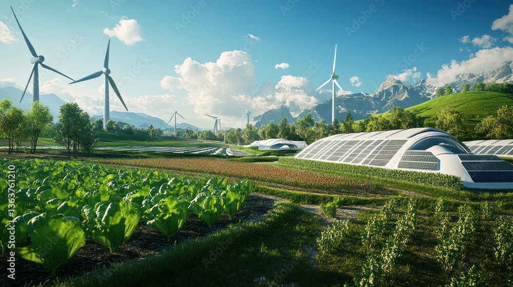 Fototapeta premium Sustainable agricultural futuristic landscape with modern greenhouses and wind turbines